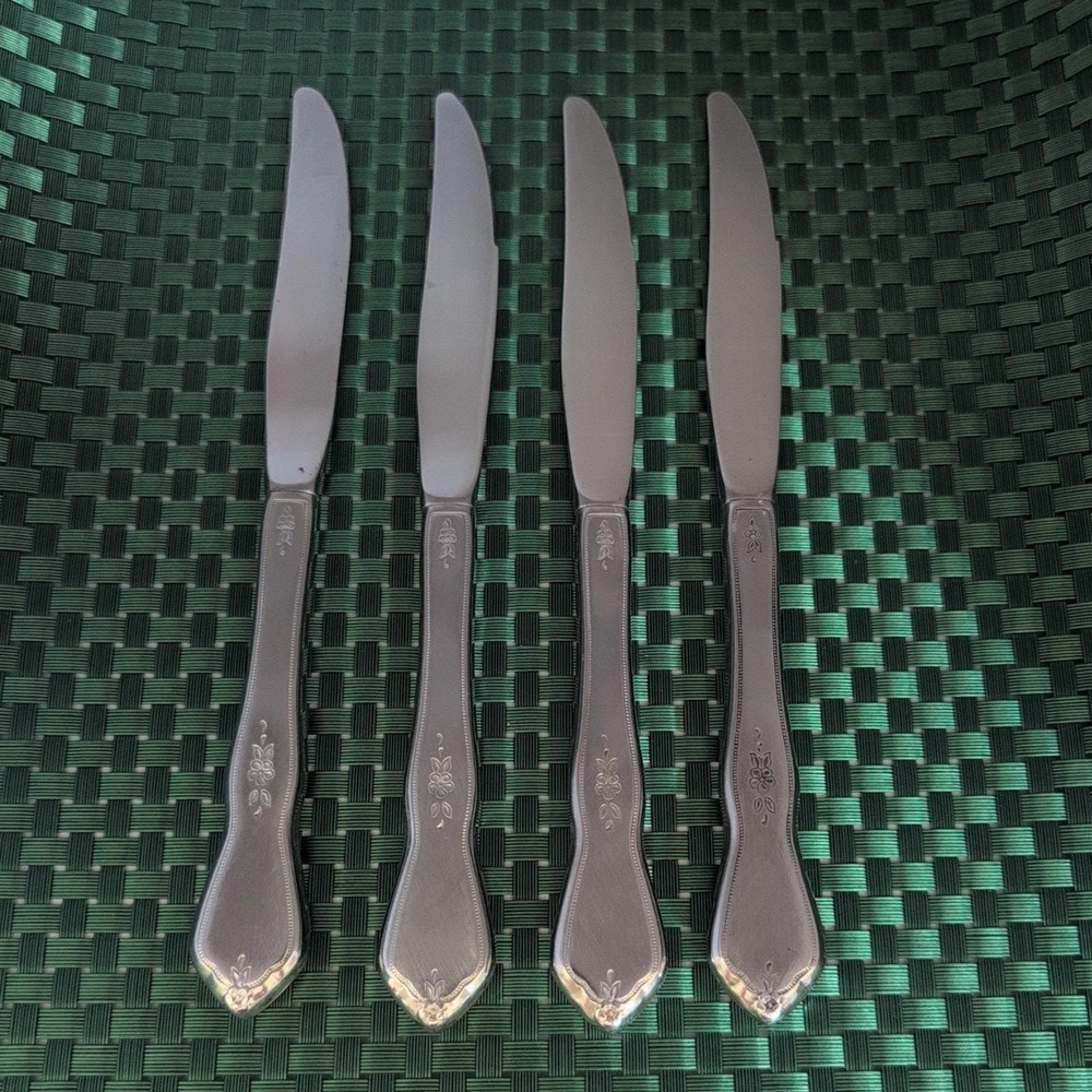 Oneida MORNING BLOSSOM Dinner Knives Set Lot of 4 Stainless Burnished Floral USA